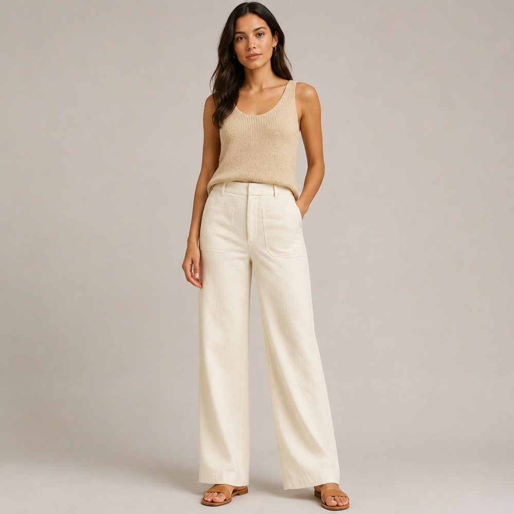 Anthropologie Maeve Cream Linen Blend Wide Leg Utility Pants Ivory Size 8